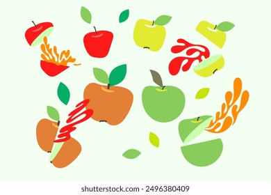 Fresh apples, cuted and splashes, vector image. Great for cooking, gardening, farming or agricultural design.