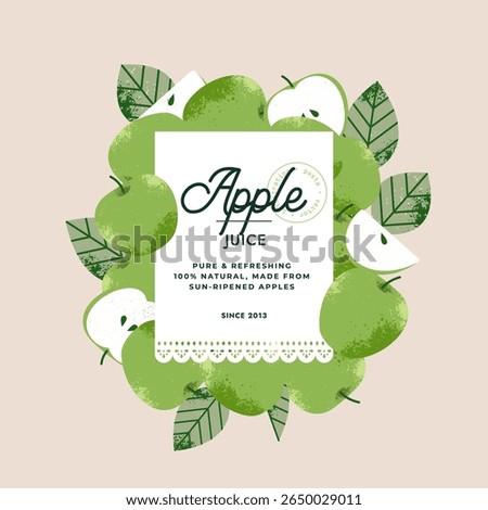 Fresh apples design template with lace element. Green ripe apple fruits with leaves.