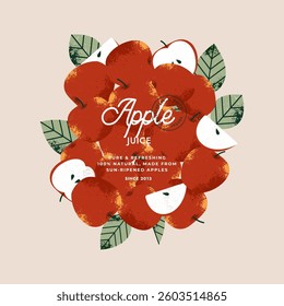 Fresh apples design template. Ripe apple fruits with leaves.