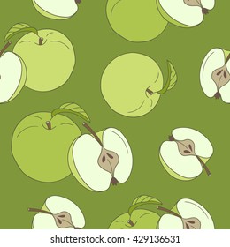 Fresh apples hand drawn background. Doodle wallpaper vector. Colorful seamless pattern with fruits