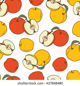 Fresh apples hand drawn background. Doodle wallpaper vector. Colorful seamless pattern with fruits