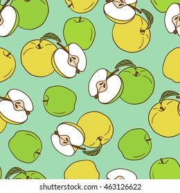 Fresh apples hand drawn background. Doodle wallpaper vector. Colorful seamless pattern with fruits icon