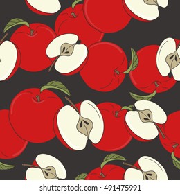 Fresh apples hand drawn background. Doodle wallpaper vector. Colorful seamless pattern with fruits icon 