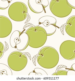 Fresh apples, hand drawn background. Design wallpaper vector. Colorful seamless pattern with fruits collection. Decorative illustration, good for printing