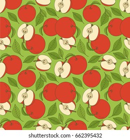 Fresh apples, hand drawn overlapping background. Design wallpaper vector. Seamless pattern with fruits collection. Decorative illustration, good for printing. Colorful backdrop