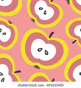 Fresh apples, hand drawn overlapping background. Design wallpaper vector. Seamless pattern with fruits collection. Decorative illustration, good for printing. Colorful backdrop