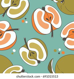 Fresh apples, hand drawn overlapping background. Design wallpaper vector. Seamless pattern with fruits collection. Decorative illustration, good for printing. Colorful backdrop