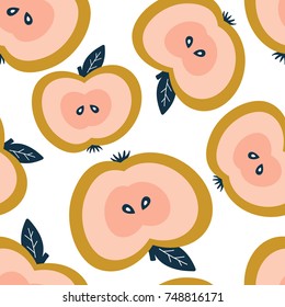 Fresh apples, hand drawn overlapping background. Design wallpaper vector. Seamless pattern with fruits collection. Decorative illustration, good for printing. Colorful backdrop