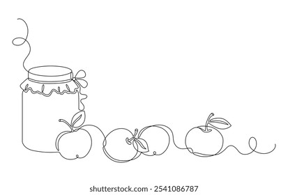 Manzanas frescas y tarro de mermelada, jugo, compota, concepto de enlatado de frutas, dibujado con una línea continua en estilo minimalista, línea única, contorno de Vector editable.