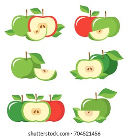 Fresh apples with leaves. Collection of different red and green fresh apples isolated on white background.
