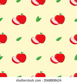 Fresh apples  seamless pattern.  Red apples and leaves pattern on yellow background. Vector illustration.