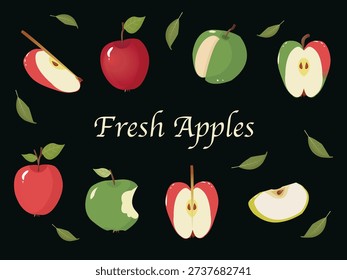 Fresh apples vector illustration with red and green apples and slices
