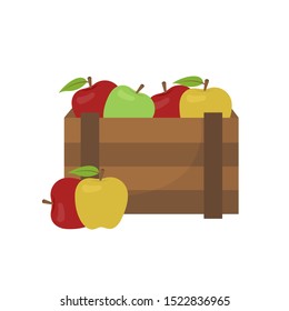 Fresh apples in the wooden box. Wooden crate full of ripe juicy apples isolated on a white background. Vector illustration. Natural, healthy food concept. Organic fruits from the farm
