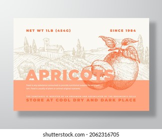 Fresh Apricots Food Label Template. Abstract Vector Packaging Design Layout. Modern Typography Banner with Hand Drawn Fruit and Rural Landscape Background. Isolated.