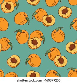 Fresh apricots hand drawn background. Doodle wallpaper vector. Colorful seamless pattern