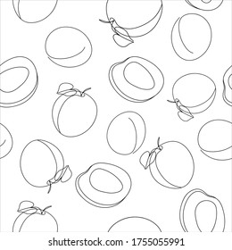Fresh apricots, leaves, fruits on a white background. Seamless Doodle Texture. Minimal Style. Vector handwriting illustration. Hand-drawn. Vegetarian food. Set for a healthy diet. Black line.