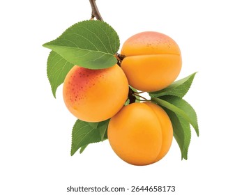 Damascos frescos com folhas no galho isolados no fundo branco - Fruta de verão madura com folhagem verde