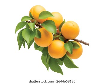 Damascos frescos com folhas no galho isolados no fundo branco - Fruta de verão madura com folhagem verde