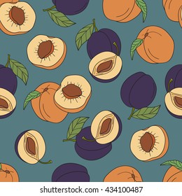 Fresh apricots and plums hand drawn background. Doodle wallpaper vector. Colorful seamless pattern