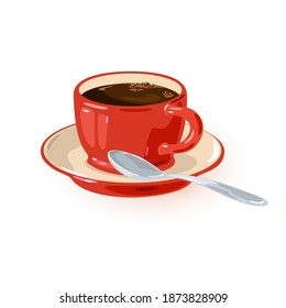 Fresh aromatic caffeine in red mug on saucer with spoon. Vector refreshing drink for breakfast, energy charge beverage, arabica robusta coffee design isolated on white background