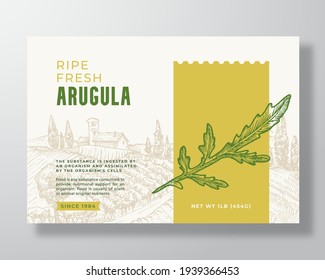 Fresh Arugula Food Label Template. Abstract Vector Packaging Design Layout. Modern Typography Banner with Hand Drawn Herb Branch and Rural Landscape Background. Isolated.