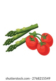 fresh asparagus with ripe tomatoes close up macro detail on clean white background