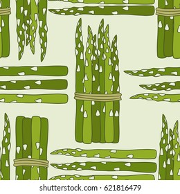 Fresh asparagus, seamless pattern. Hand drawn background vector. Colorful illustration with vegetables.  Decorative wallpaper, good for printing