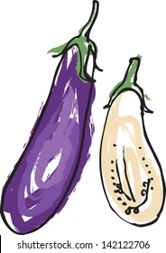 Fresh aubergine whole & sliced vector illustration