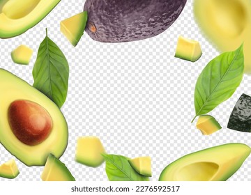 Fresh avocado background with green leaves. Sliced pieces of avocado. Vector illustration.