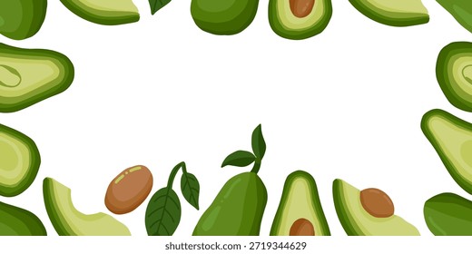 Fresh avocado border with central frame banner copy space. Organic avocado slices and whole fruit background template