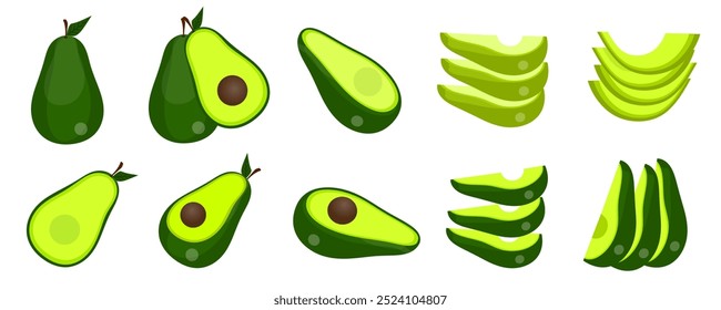 Fresh avocado collection. Vector illustration set. Different type of avocados isolated on white background. Whole fruit, half, slice flat. Healthy nutrition fruit. 