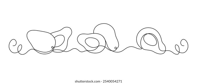 Abacate fresco desenhado com linha contínua em minimalismo, linha única, contorno vetorial editável.