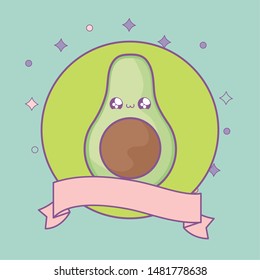 fresh avocado in frame circular with ribbon kawaii style