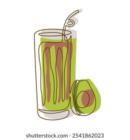 Fresh Avocado Fruit Juice Smoothies Healthy Drink in Glass with Line Art Design