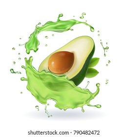 Fresh Avocado Fruit Juice Splash Realistic Isolated Vector