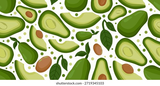 Ilustración vectorial de aguacate fresco sin patrón. Rebanadas de aguacate orgánico y fondo sin fisuras de frutas enteras