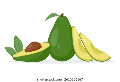 Fresh Avocado fruits. Whole green fruit avocado, half and slices. Tropical plant icon. Organic healthy vegetarian food. Vector illustration isolated on white background.