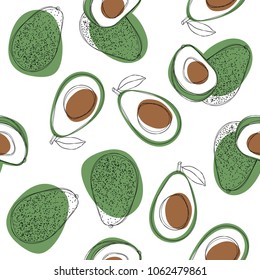 Fresh avocado hand draw seamless pattern with . Vector illustration on isolated white background. Natural and healthy nutrition. Organic food. Good for product packaging, promo poster or flyer