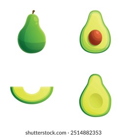 Fresh avocado icons set cartoon vector. Whole and cut in half avocado with pit. Exotic fruit, healthy nutrition