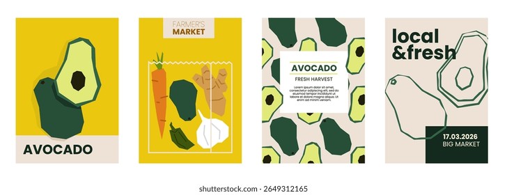 Fresh avocado illustration. Simple posters with organic fruits for farmers market advertising. Vector templates with copyspace. Set of harvested tropical food in minimal hand drawn and flat style. 