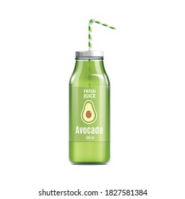 Fresh avocado juice bottle with label and green straw realistic vector illustration mockup isolated on white background. Healthy beverage or smoothie packaging template.