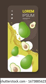 fresh avocado juice liquid splash realistic splashes healthy fruits splashing waves smartphone screen mobile app vertical copy space vector illustration