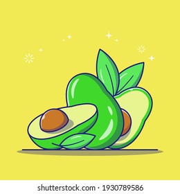 Fresh Avocado and Juicy Ripe Slices Avocado with Leaves. Fruit Icon Concept. Flat Cartoon Vector Illustration Isolated.