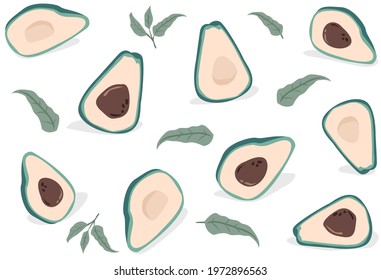 Fresh Avocado and leaves seamless vector illustration design template isolated on white background.