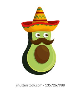 fresh avocado with mexican hat and mustache character