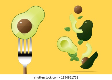 Fresh avocado on fork with flying avocados background , healthy food concept , vector , illustration