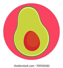 Fresh avocado on a pink circle background. Icon and logo. Vector flat illustration