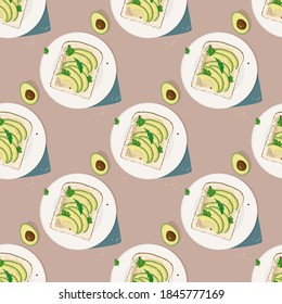 Fresh avocado sandwich repeated seamless pattern. Vector meal background.
