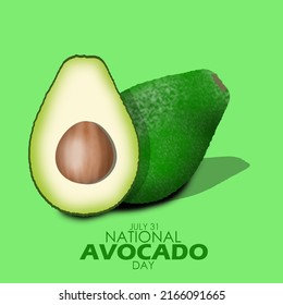 Acaguado fresco con semilla con texto en negrita sobre fondo verde claro, Día Nacional del Aguacate 31 de julio