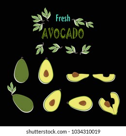 fresh avocado set and avocado slices with leaves on black background